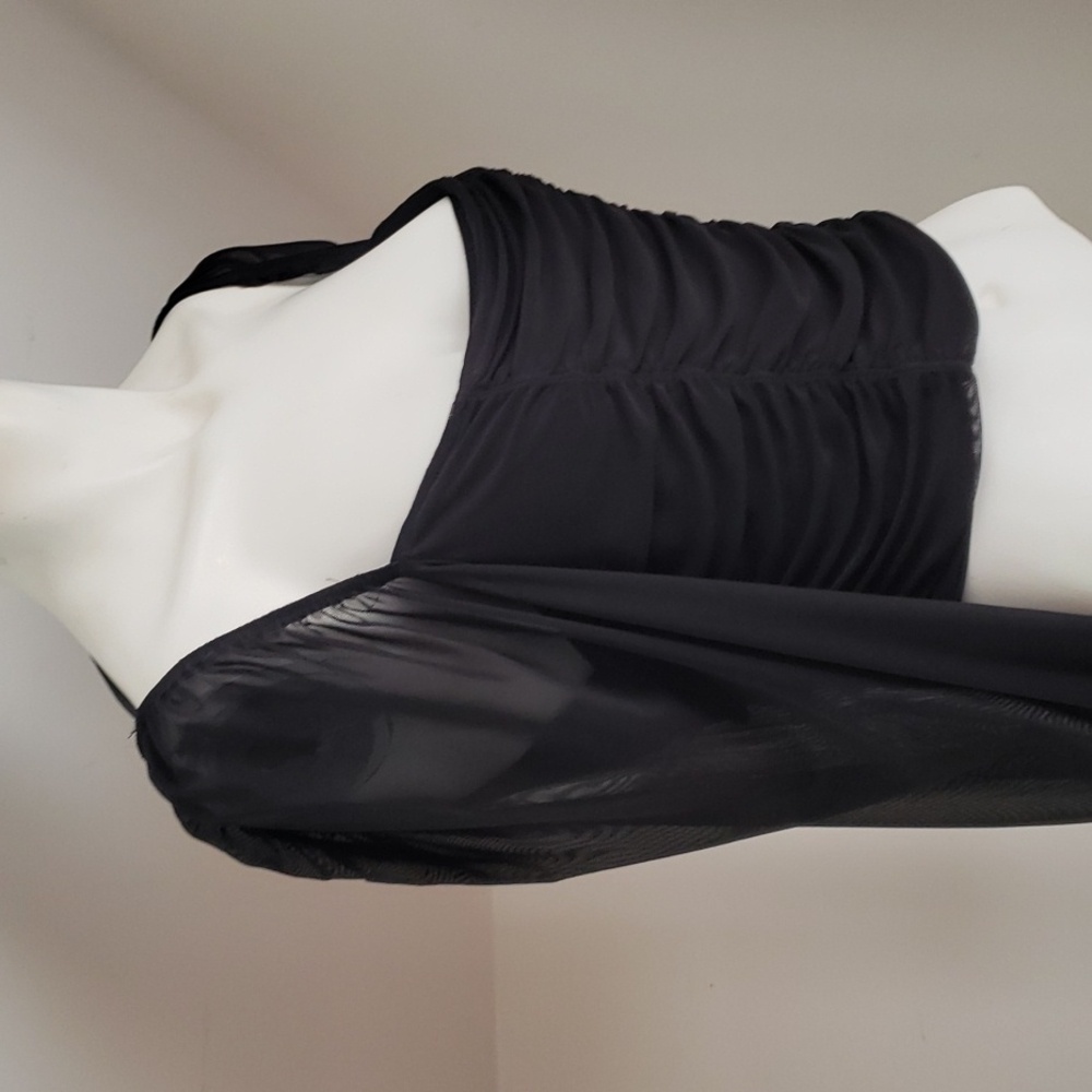 H & M Divided Black Mesh Crop Top Blouse, Rushed Bodice, Mesh Long Sleeve, Sz L
